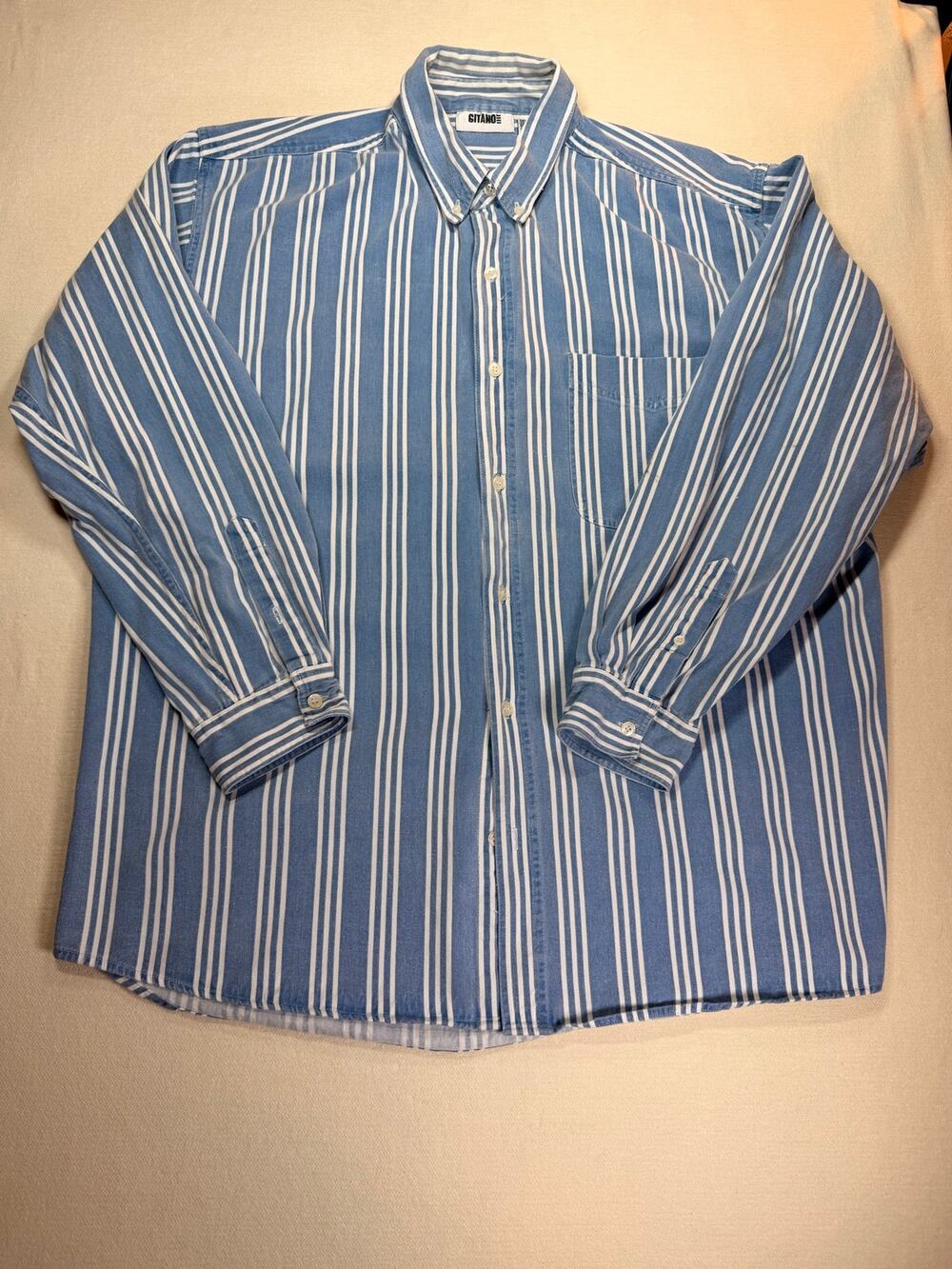 Vintage Gitano Men’s XL Blue White Stripe Button Down Shirt 100% Cotton